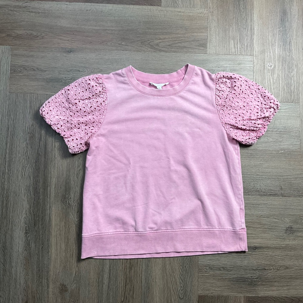 Jane + Delancey Eyelet Puff Short Sleeve Sweatshirt Womens Small Pink Coquette